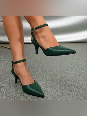Dark Green Classic Pointed-Toe Ankle-Strap short heels